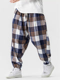 Japanese Style Autumn Plaid Drawstring Loose Jogger Pants for Men