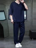 Men's 2Pcs Cool Casual Quarter Button Round Neck TangSuit Outfits