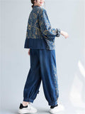 Women's 2Pcs Chinese Style Print Lapel Denim Top & Pants Set