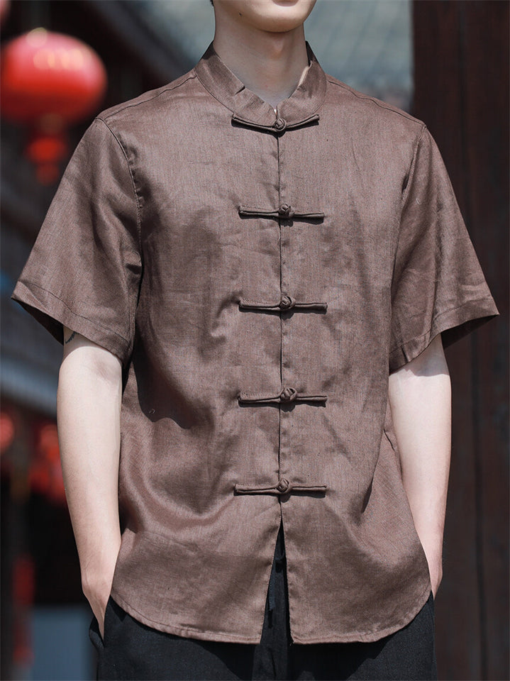 Men's Summer Linen Button Up Stand Collar Tang Suit Shirts