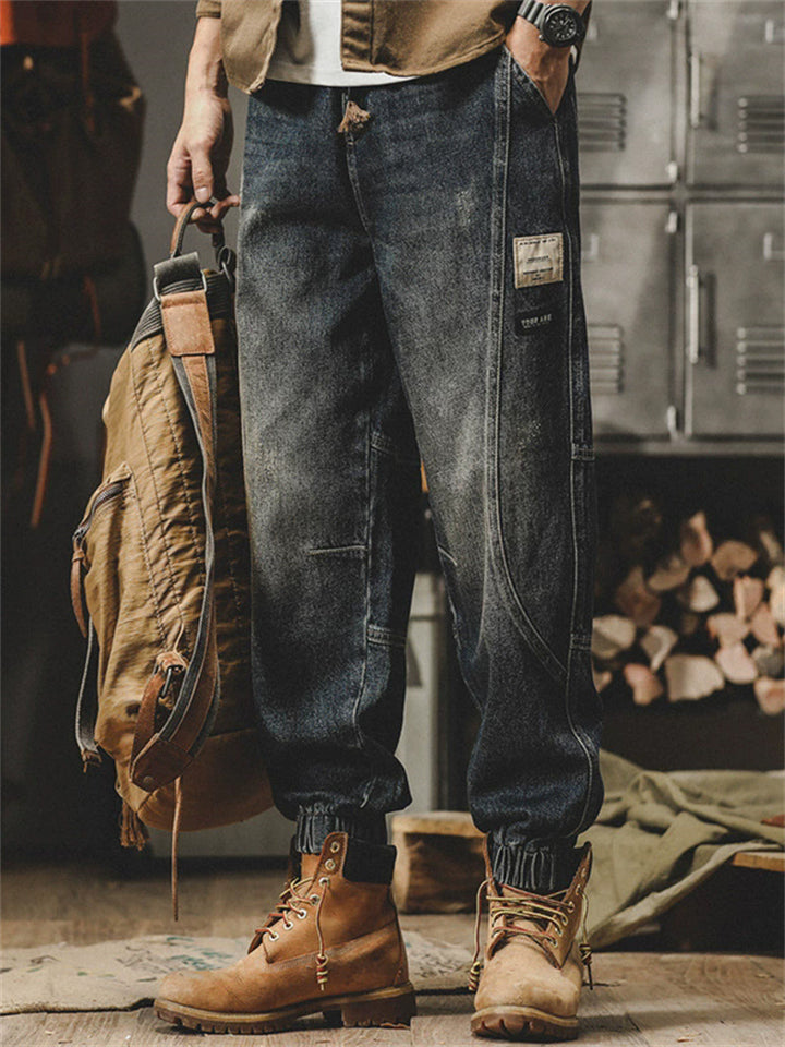 ‌Men's Loose Fit Retro Denim Pants with Utility Pockets