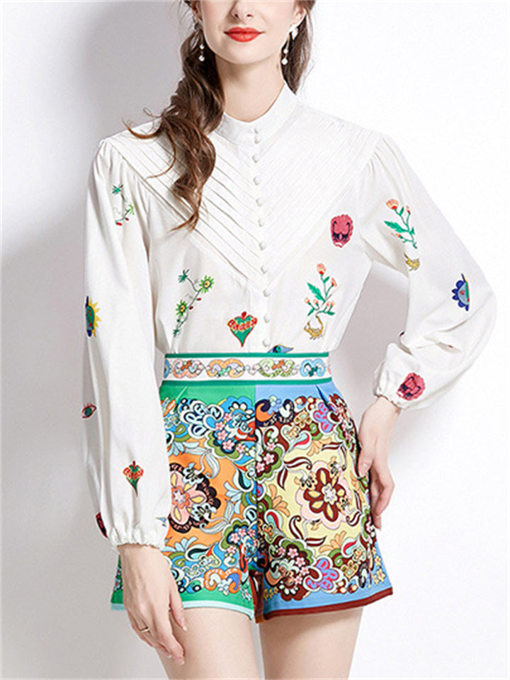 Women's 2Pcs Flowers Print Long Sleeve Shirt & Pants Set