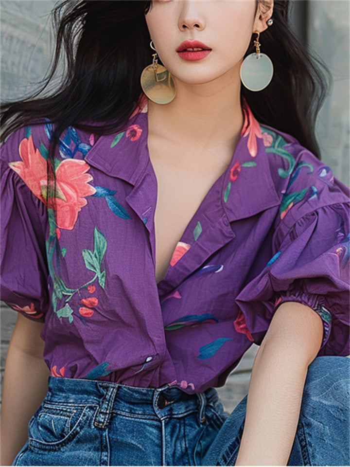 Summer Purple Floral Print V-Neck Puffed Sleeve Shirt for Women