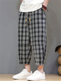 Men's Casual Drawstring Wide Leg Plaid Capri Pants