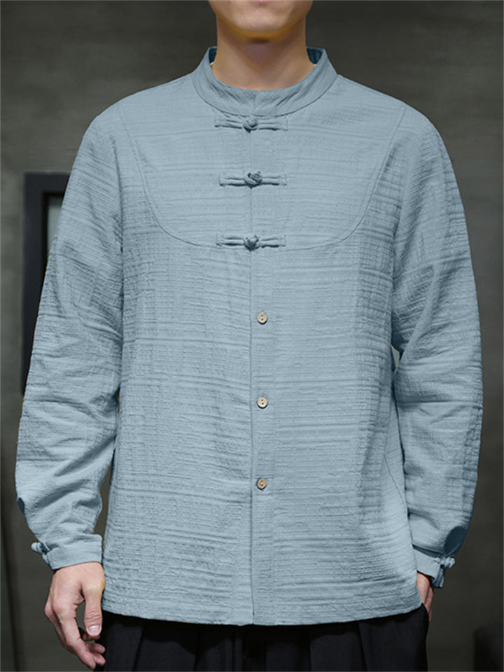 Men's Texture Solid Color Long Sleeve Tang Suit Shirts