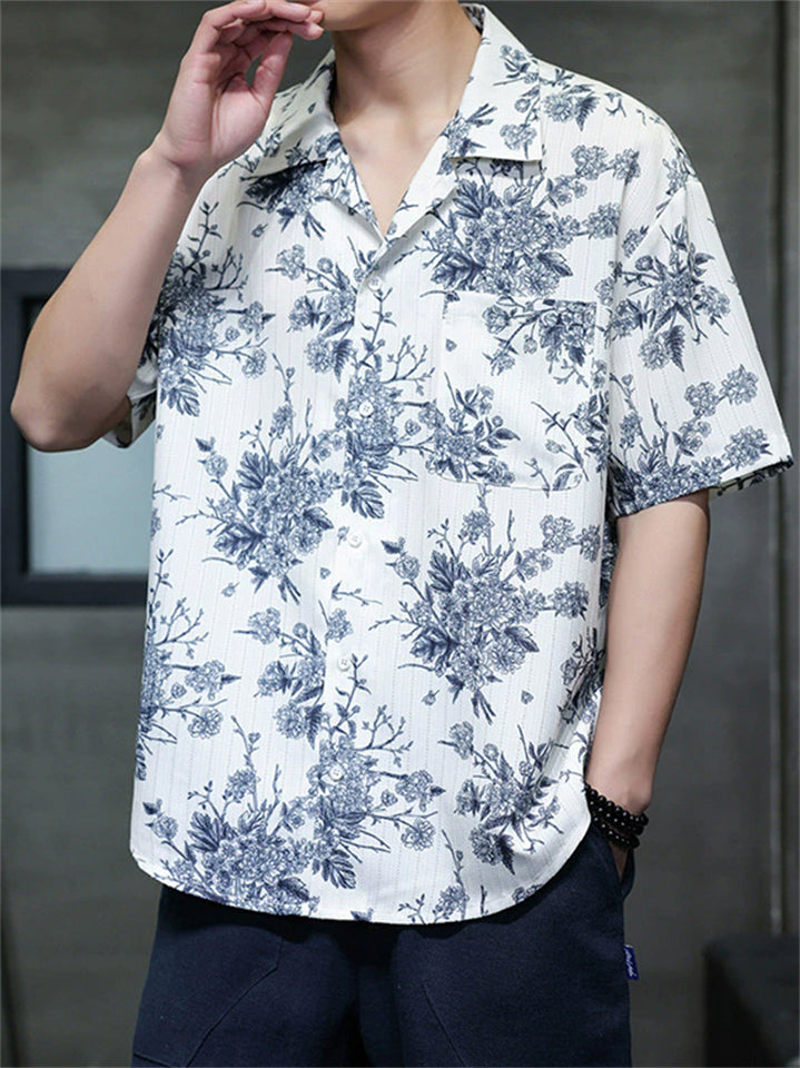 Men's Chinese Vintage Floral Print Short Sleeve Button Up Summer Shirts