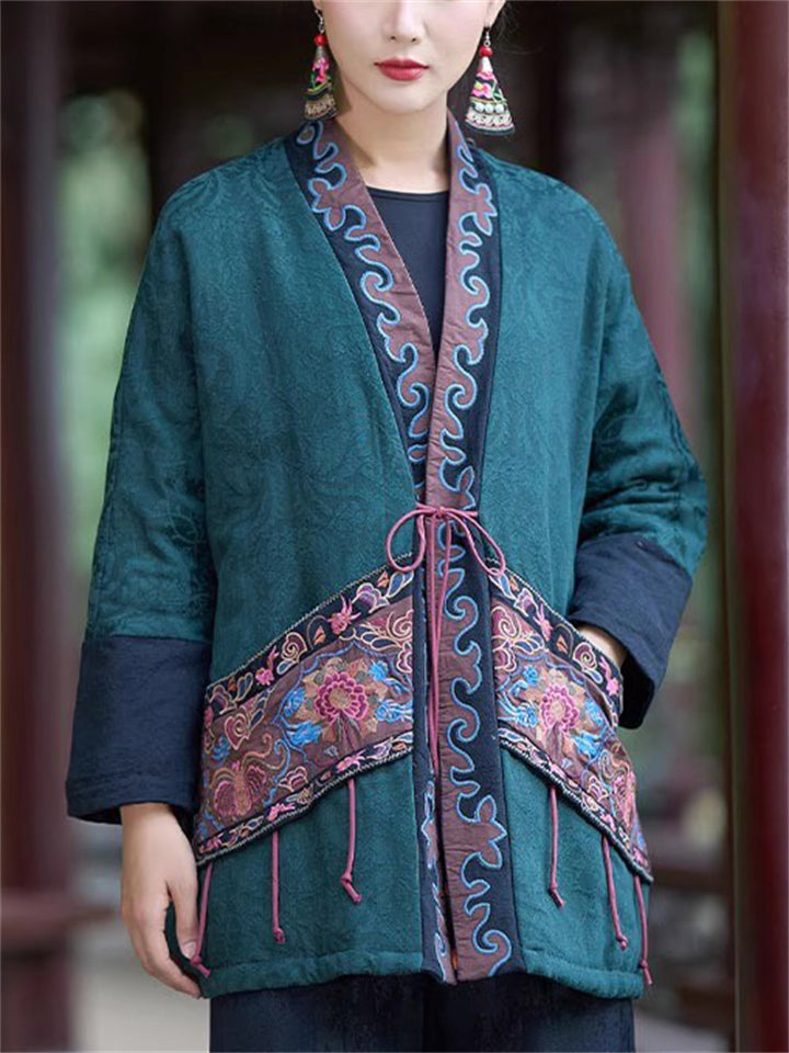 Women's Retro Simple Ethnic Style Patchwork Loose Long Sleeve Coat
