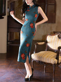 Lady Oriental Style Vintage Sleeveless Flower Print Split Cheongsam Dresses