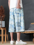 Mens Japanese Style Holiday Printed Wide Leg Cropped Summer Pants