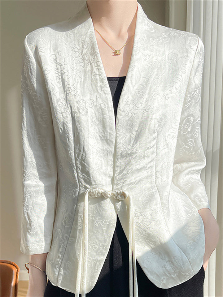 Chinese Style Retro Jacquard Frog Button Satin Suit Jacket for Women