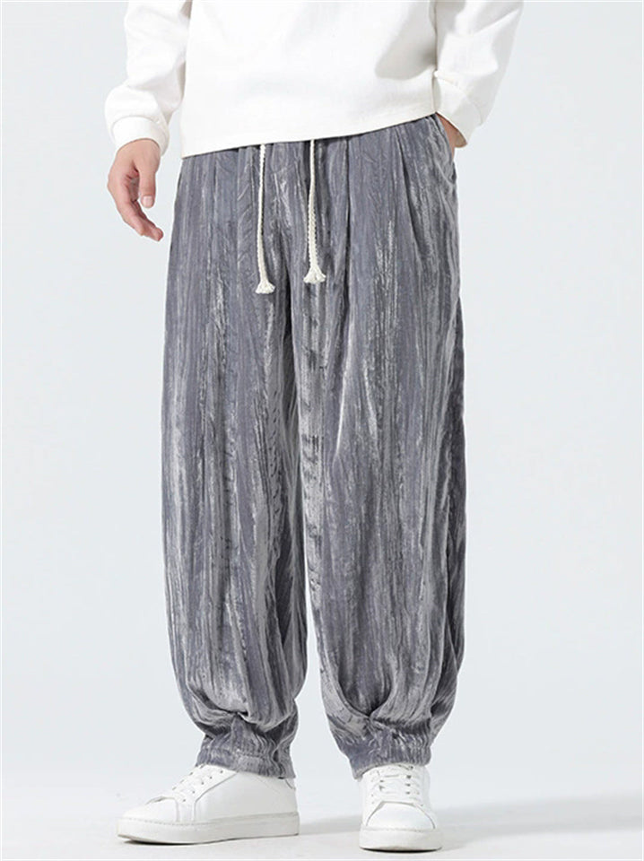 Vintage Asian Style Elastic Waist Wrinkled Velvet Pants
