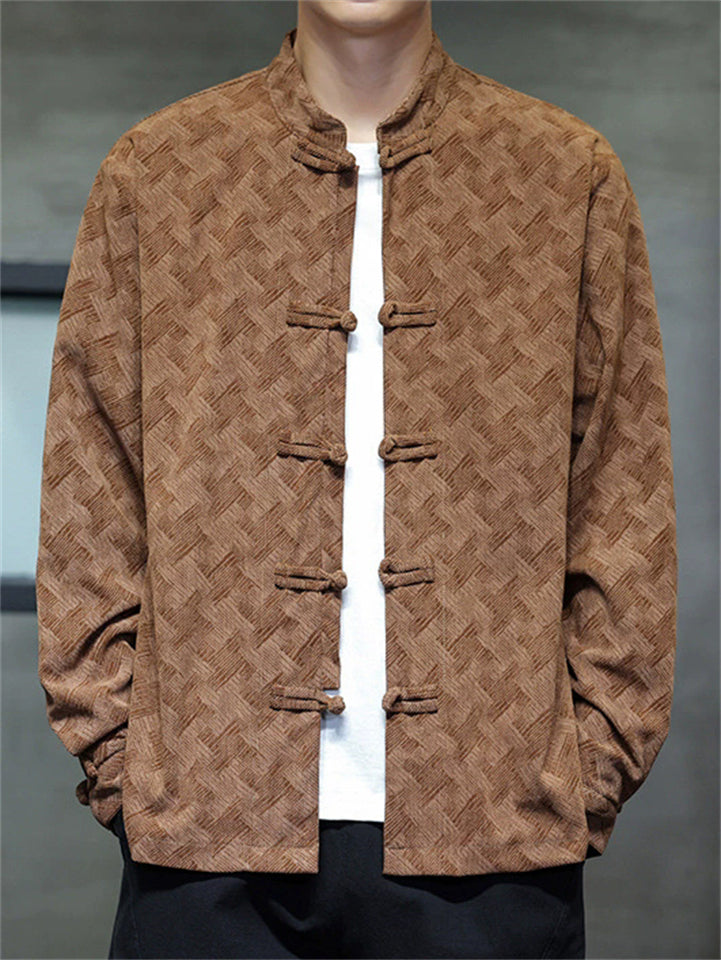 Men's Basketweave Pattern Frog Button Mandarin Collar Tang Suit Jackets