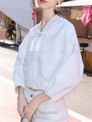 Women's Fashion White Jacquard Frog Button Jacket