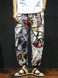 Men's Cotton Linen Print Drawstring Jogger Pants