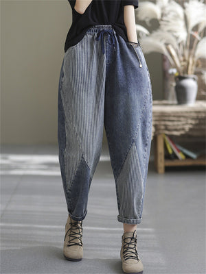 Women's Trend Striped Patchwork Blue Denim Pants