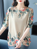 Women's Loose Floral Print Short Sleeve Knit T-Shirts