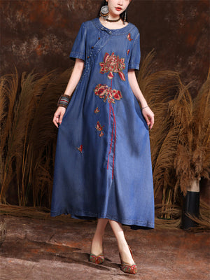 Ancient Style Red Lotus Embroidery Short Sleeve Dress for Women