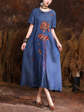 Ancient Style Red Lotus Embroidery Short Sleeve Dress for Women