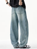 Men Summer Baggy Jeans Wash Elastic Waist Loose Curved Leg Denim Pants