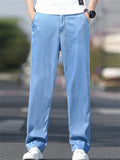 Men Summer Straight Leg Jeans Regular Fit Wash Denim Pants