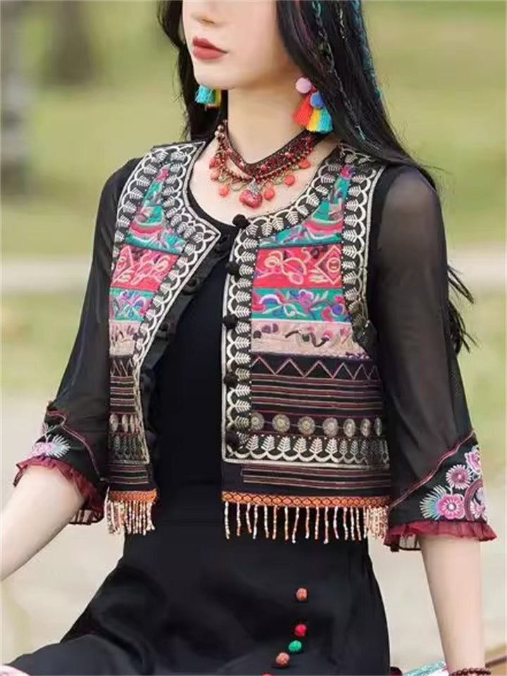 Women's Ethnic Style Embroidery Patchwork Vest with Fringe