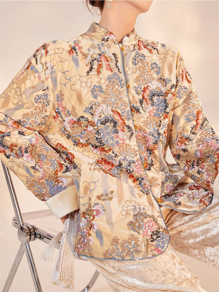 Oriental Embroidery Button Pocket Sequin Women's Jackets Stand Collar