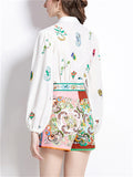 Women's 2Pcs Flowers Print Long Sleeve Shirt & Pants Set
