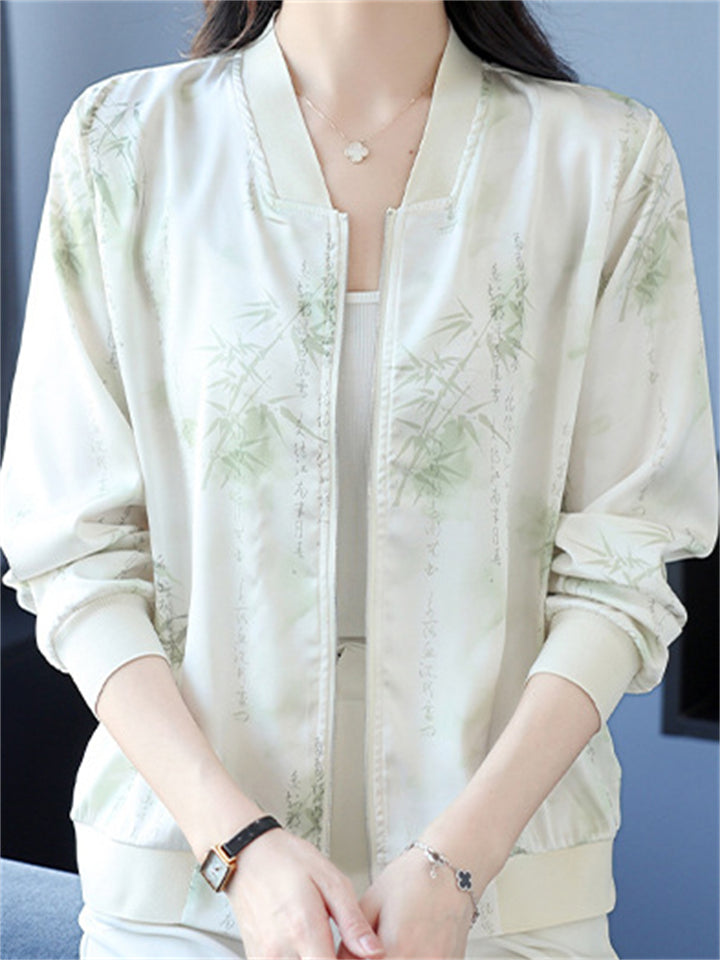 Chinese Style Women's Bamboo Hanzi Print Long Sleeve Jacket
