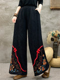 Women's Ethnic Style Floral Embroidered Frog Button Decor Wide Leg Pants