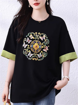 Korean Style Loose Women's Print Contrast Color T-Shirt