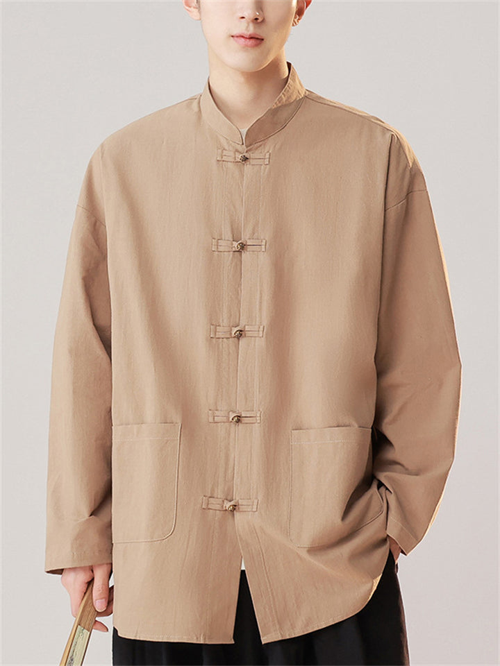 Chinese Style Cotton Metal Frog Button Stand Collar Shirt For Men