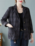 Women's Casual Retro Long Sleeve Plaid Suit Collar Jacket