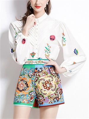 Women's 2Pcs Flowers Print Long Sleeve Shirt & Pants Set