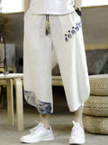 Men's Japanese Style Patchwork Drawstring Cotton Linen Wide Leg Capri Pants