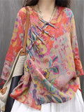 Women's Flowers Print Slant Placket 3/4 Sleeve Shirts