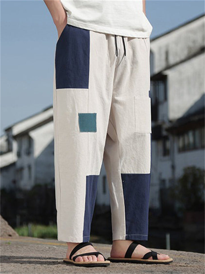 Mens Patchwork Color Block Cotton Linen Loose Harem Cropped Pants