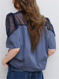 Women's French Style Blue Plaid Mesh Lace Patchwork Short Sleeve Shirts