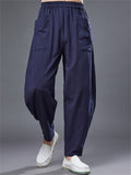 Ramie Loose Front Pockets Elastic Waist Harem Pant  for Men