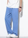 Mens Cotton Linen Striped Casual Beach Wear Wide Leg Pants