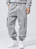 Men Fleeced Drawstring Elastic Waist Loose Fit Cargo Joggers Sweatpants