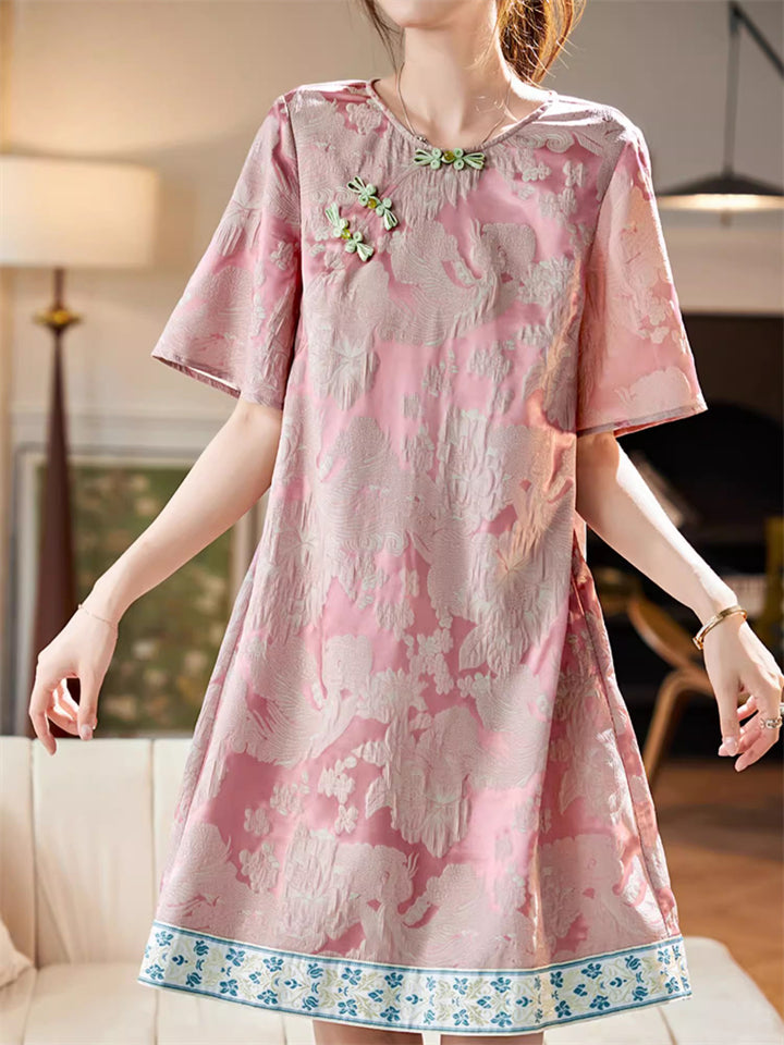 Women's Pink Jacquard O-neck Frog Buttons Short Sleeve Dress