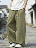 Men Japanese Streetwear Cotton Linen Drawstring Baggy Wide Leg Pants