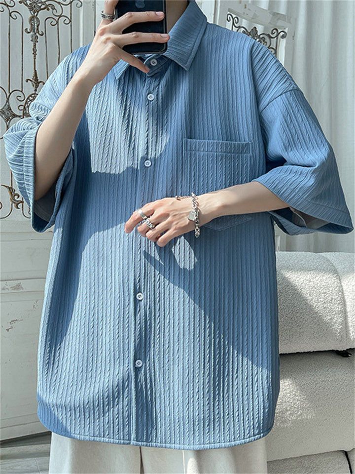 Summer Solid Color Pleated Button Up Half Sleeve Shirt for Men