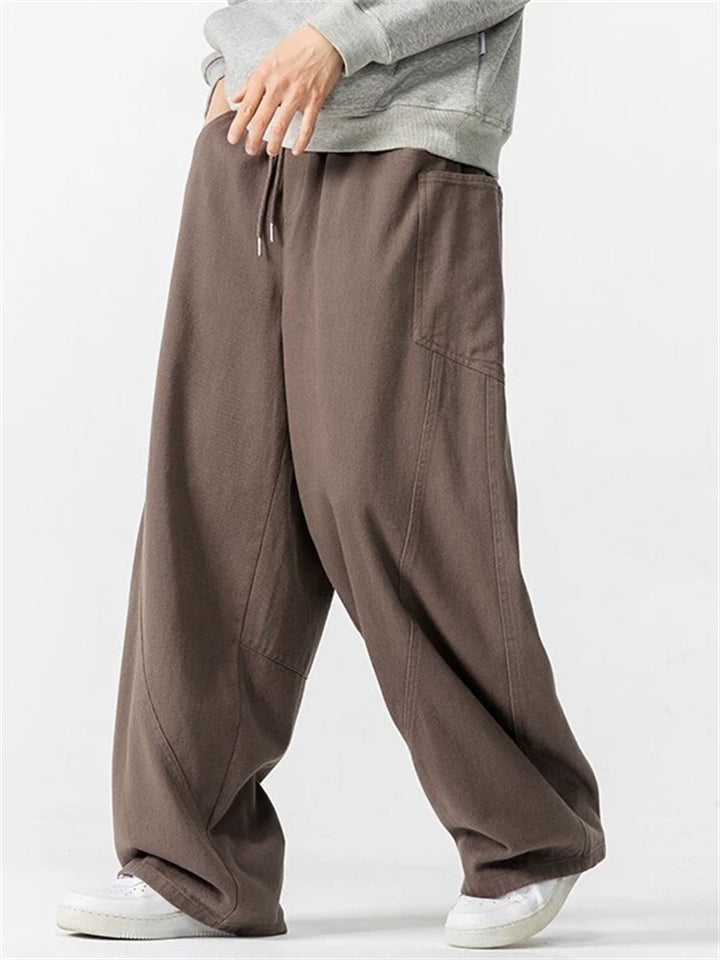 Men Japanese Style Baggy Drawstring Wide Leg Pants with Pockets