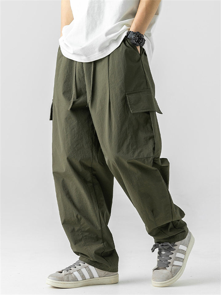 Korean Style Casual Outdoor Solid Color Wide Leg Cargo Pants for Men
