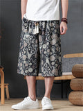 Mens Japanese Style Holiday Printed Wide Leg Cropped Summer Pants