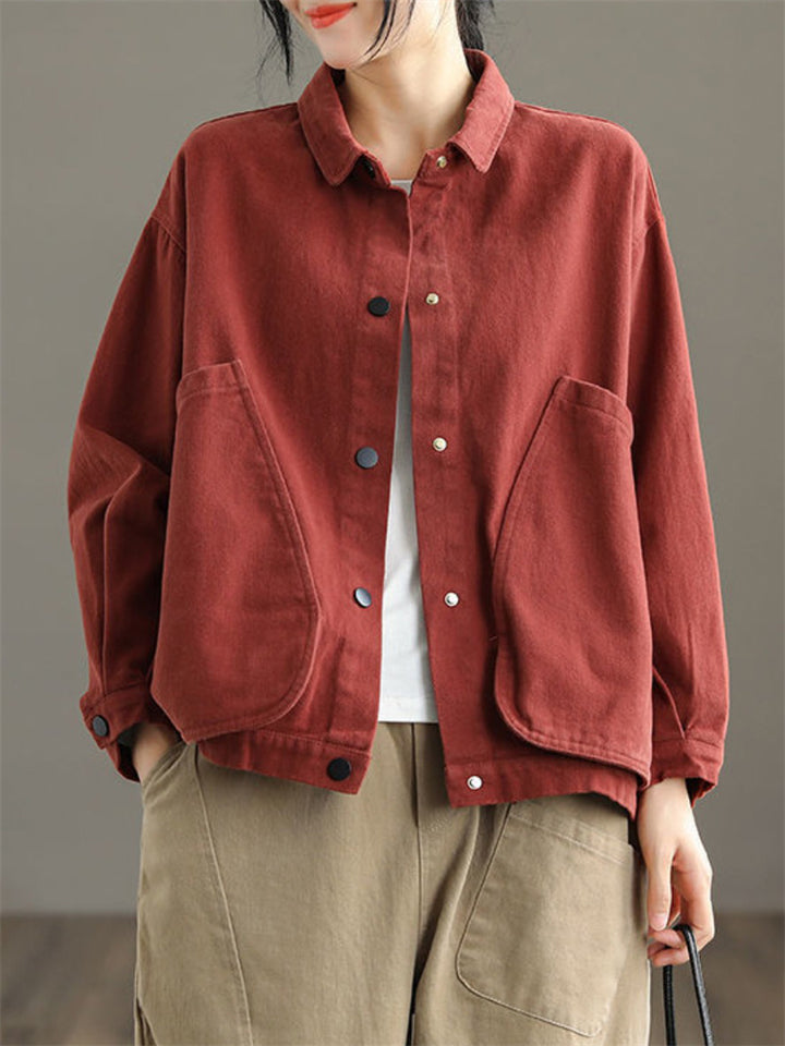 Korean Style Long Sleeve Women Cotton Lapel Pockets Jacket