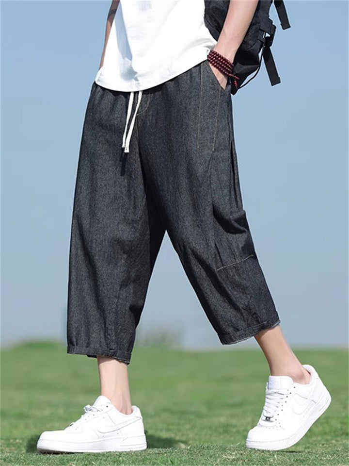Summer Men's Casual Drawstring Denim Capri Jeans