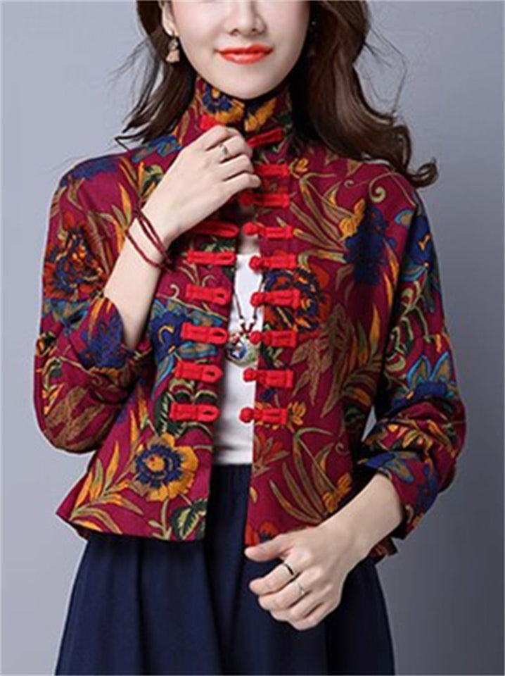 Women's Retro Autumn Ethnic Style Printed Stand Collar Jackets