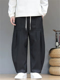 Men's Japanese Style Simple Pleated Drawstring Wide Leg Pants with Pockets